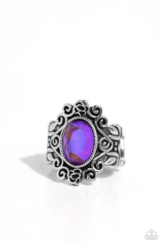 Fairytale Fanatic - Purple Oval Gem/Floral Silver Filigree Paparazzi Ring