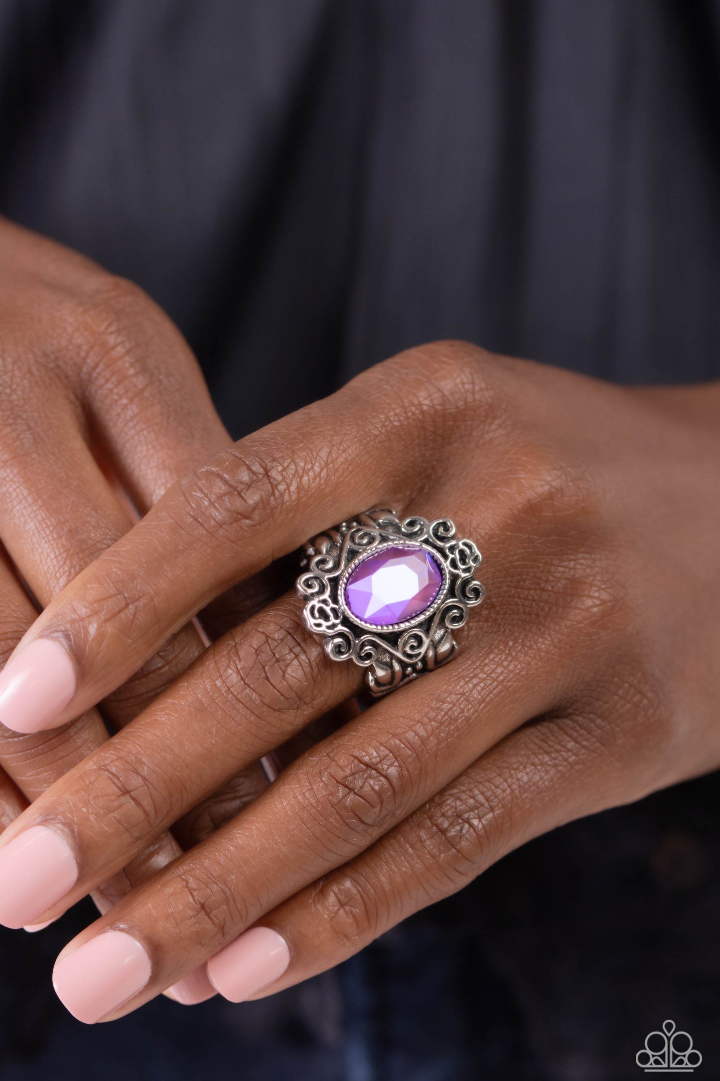 Fairytale Fanatic - Purple Oval Gem/Floral Silver Filigree Paparazzi Ring