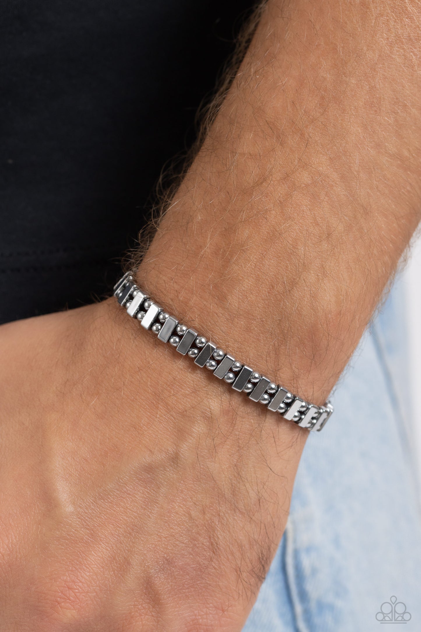 Fortune Favors The Fierce - Silver Rectangular & Studded Paparazzi Stretch Bracelet