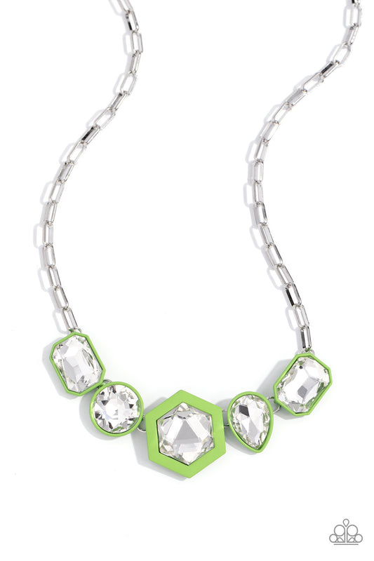 Evolving Elegance - Green Backdrop/Oversized White Gems Paparazzi Necklace & matching earrings