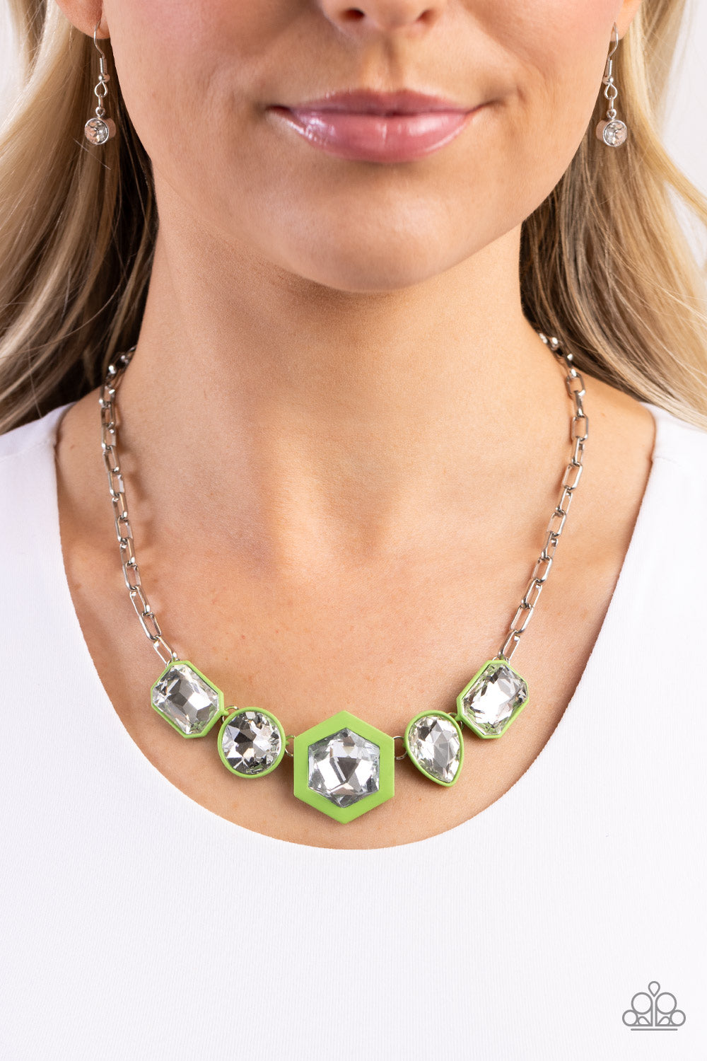 Evolving Elegance - Green Backdrop/Oversized White Gems Paparazzi Necklace & matching earrings