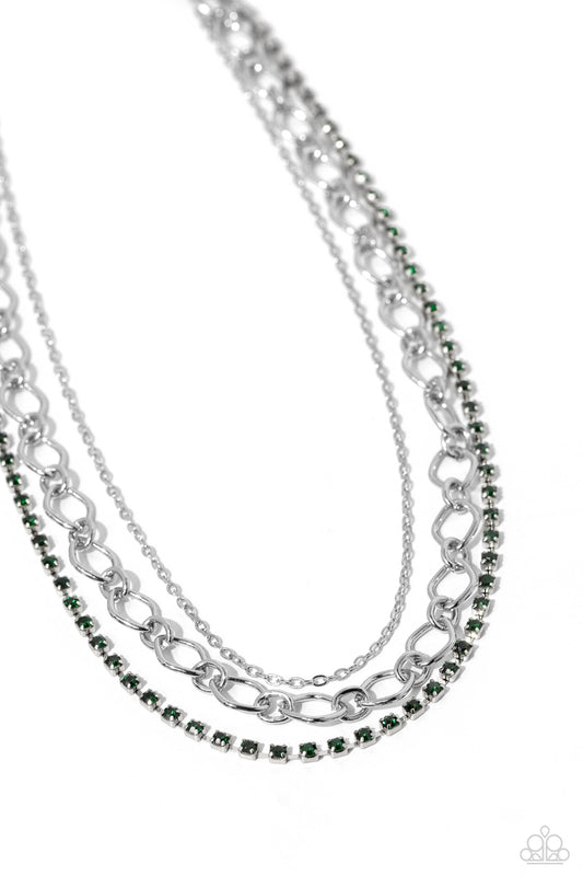 Tasteful Tiers - Green Rhinestones/Silver Chains Paparazzi Necklace & matching earrings