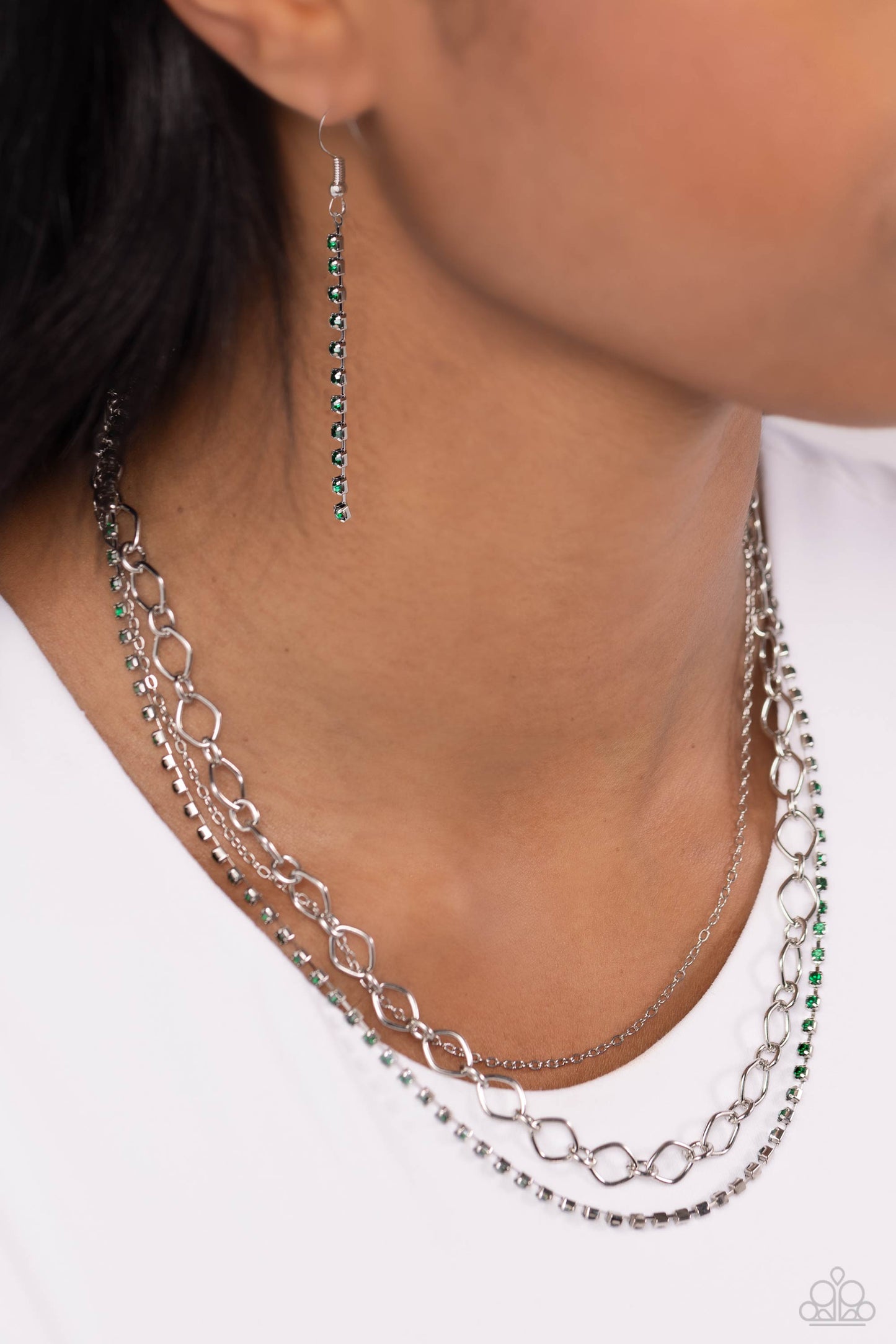 Tasteful Tiers - Green Rhinestones/Silver Chains Paparazzi Necklace & matching earrings