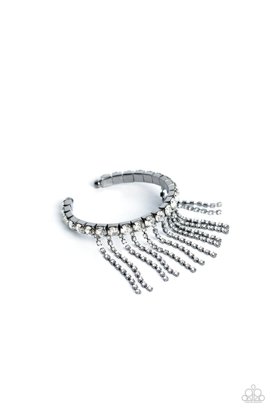 Stardust Shower - Gunmetal Cuff & White Rhinestone Fringe Paparazzi Cuff Bracelet