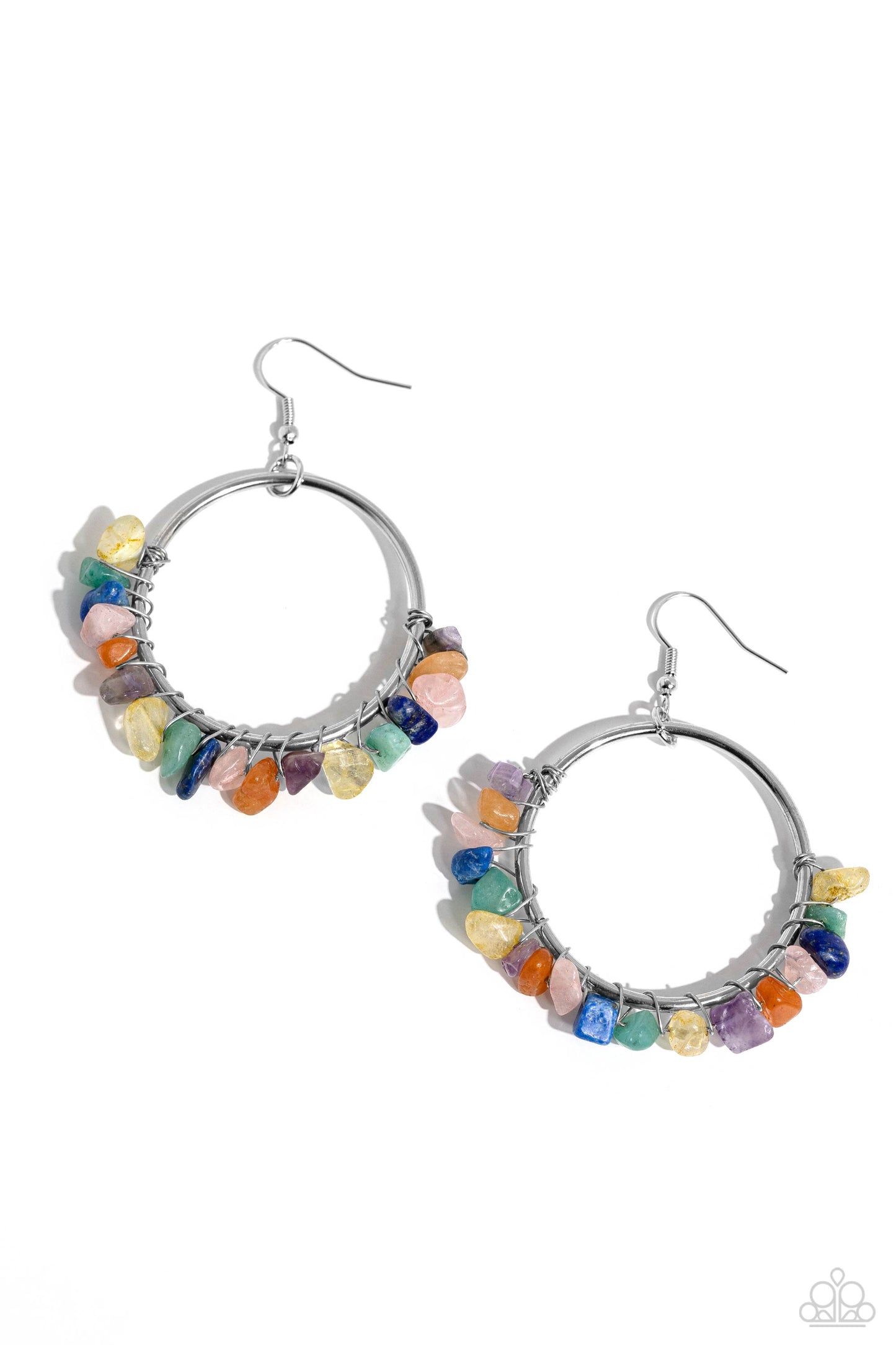 Handcrafted Habitat - Multi Colored Stones/Silver Loop Paparazzi Earrings