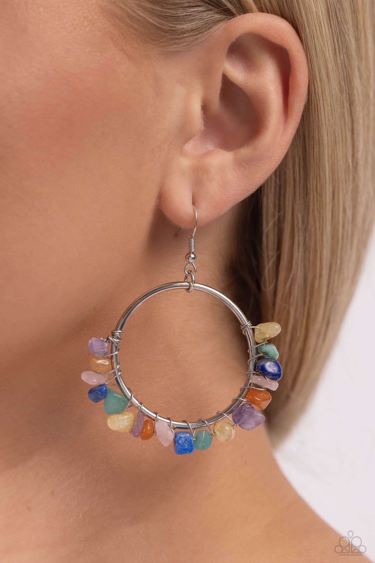 Handcrafted Habitat - Multi Colored Stones/Silver Loop Paparazzi Earrings