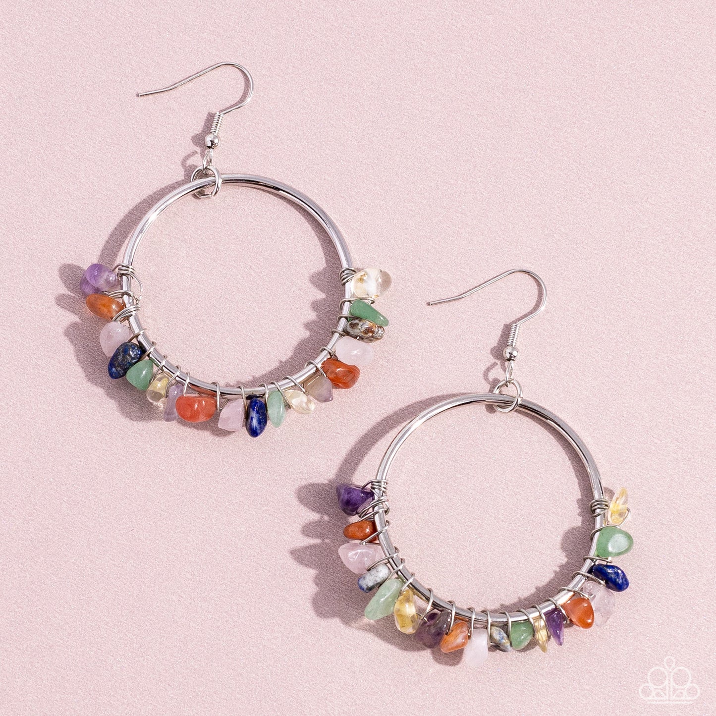 Handcrafted Habitat - Multi Colored Stones/Silver Loop Paparazzi Earrings