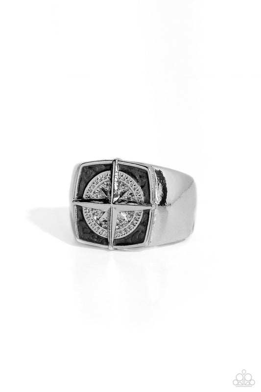 Adventure is Waiting - Silver Compass Design/Black Pearl Paint Background Paparazzi Men's Ring