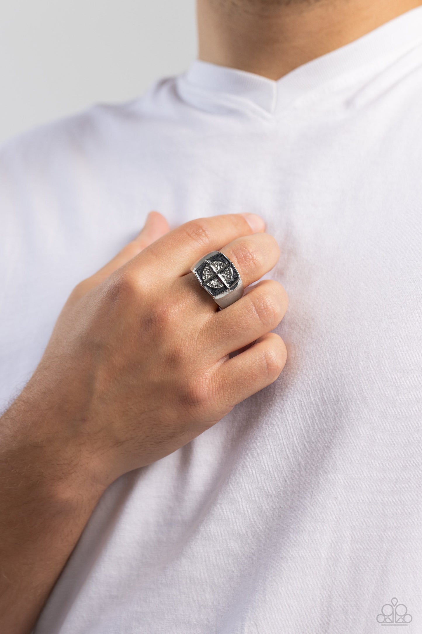 Adventure is Waiting - Silver Compass Design/Black Pearl Paint Background Paparazzi Men's Ring