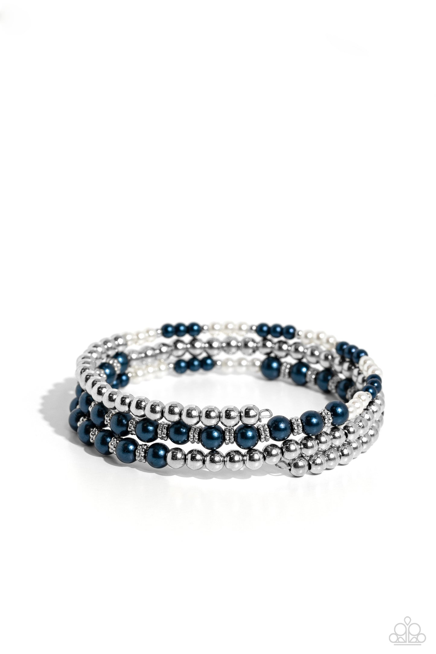 Just SASSING Through - Blue & White Pearls/SIlver Beads Paparazzi Coil Bracelet