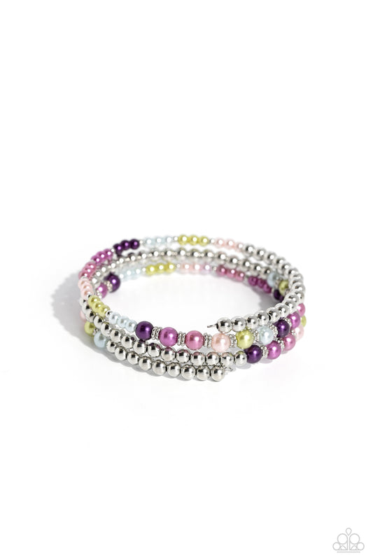 Just SASSING Through - Multi Colored Pearls/Silver Beaded Paparazzi Coil Bracelet