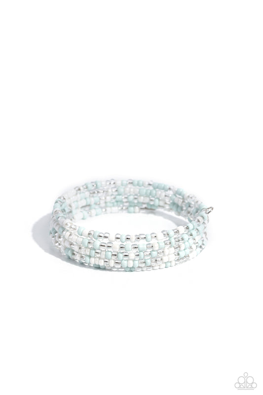 Coiled Candy - White, Clear, & Light Blue Seed Beaded Paparazzi Coil Bracelet