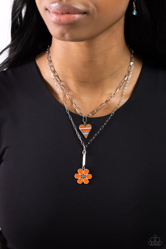 Childhood Charms - Orange Flower/Heart Charm Paparazzi Necklace & matching earrings