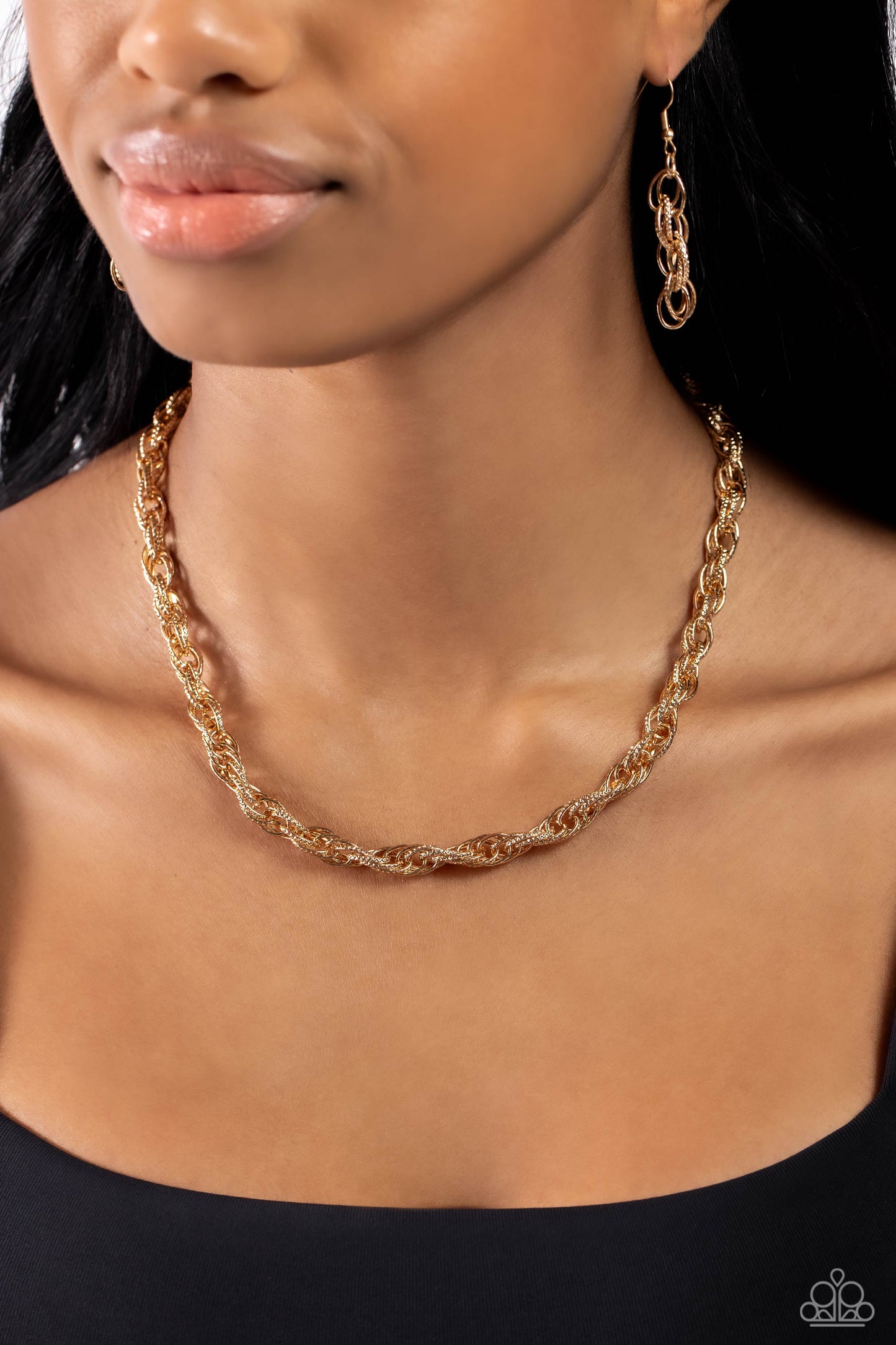 Braided Ballad - Gold Textured Interconnected Links Paparazzi Necklace & matching earrings