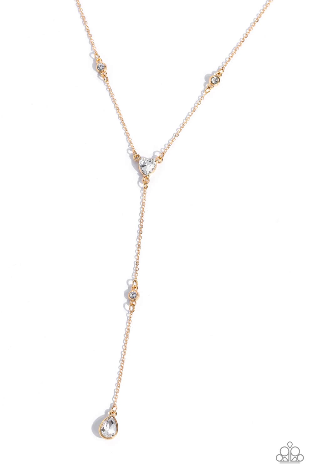 Lavish Lariat - Gold Knotted Chain/White Gems Paparazzi Necklace & matching earrings