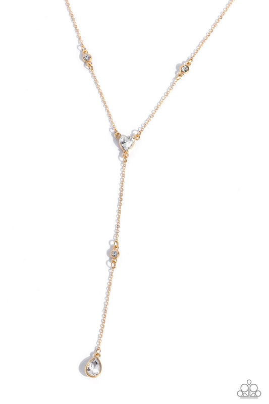 Lavish Lariat - Gold Knotted Chain/White Gems Paparazzi Necklace & matching earrings