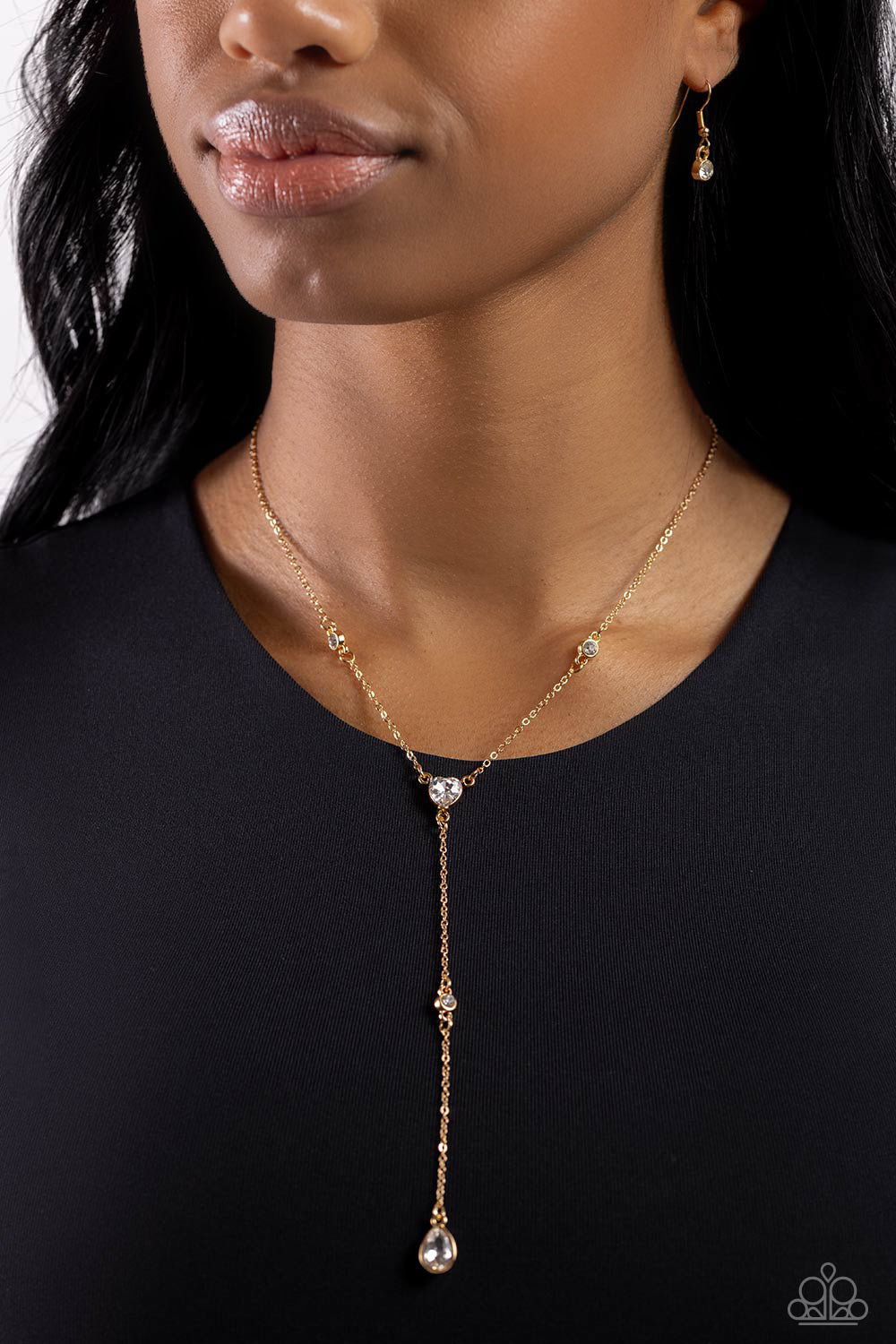 Lavish Lariat - Gold Knotted Chain/White Gems Paparazzi Necklace & matching earrings