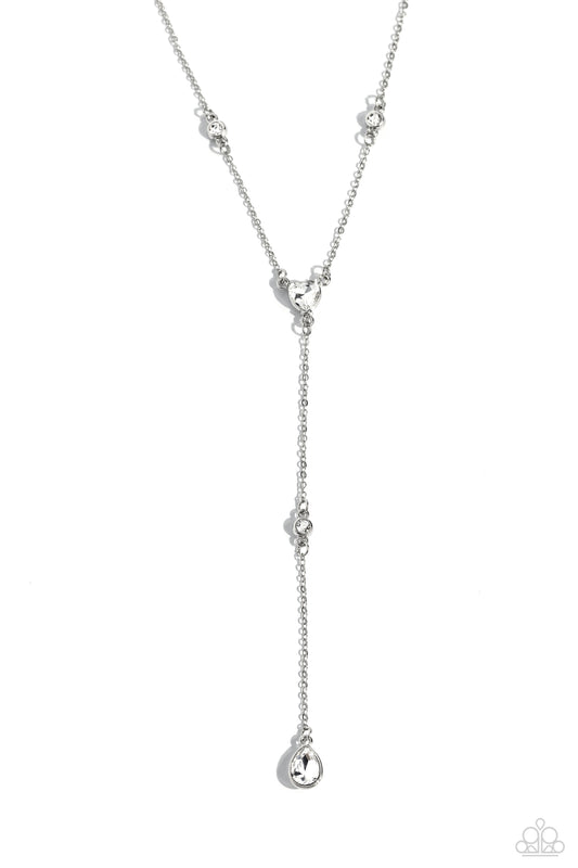 Lavish Lariat - White Gems/Silver Knotted Chain Paparazzi Necklace & matching earrings