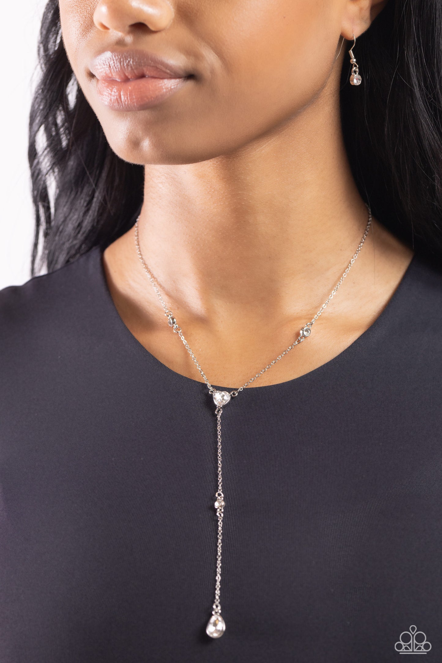 Lavish Lariat - White Gems/Silver Knotted Chain Paparazzi Necklace & matching earrings