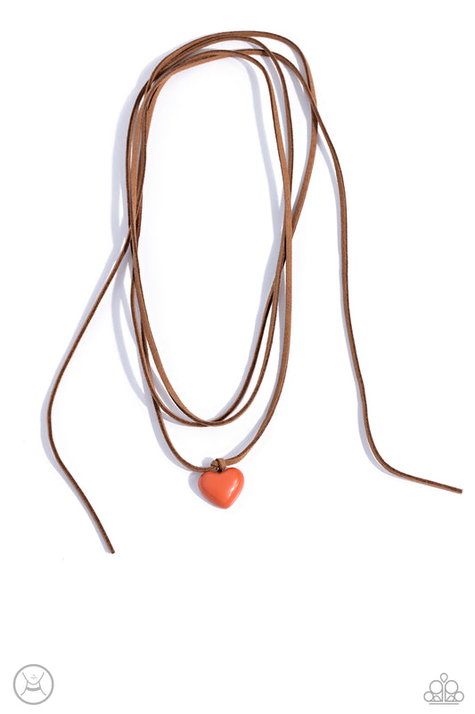 Wanderlust Wardrobe - Orange Stone Heart/Brown Suede Paparazzi Necklace & matching earrings