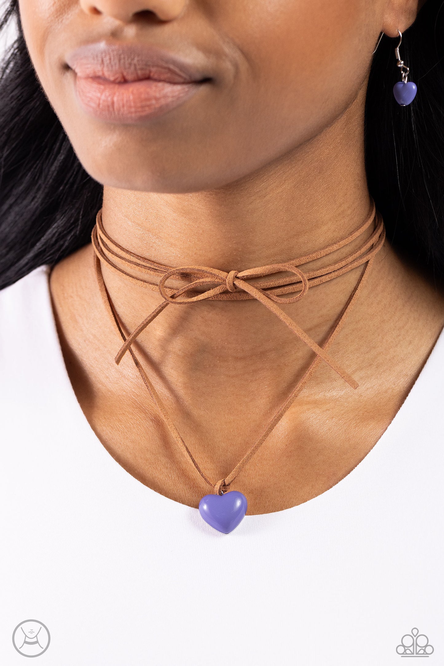 Wanderlust Wardrobe - Blue Stone Heart/Brown Suede Paparazzi Necklace & matching earrings