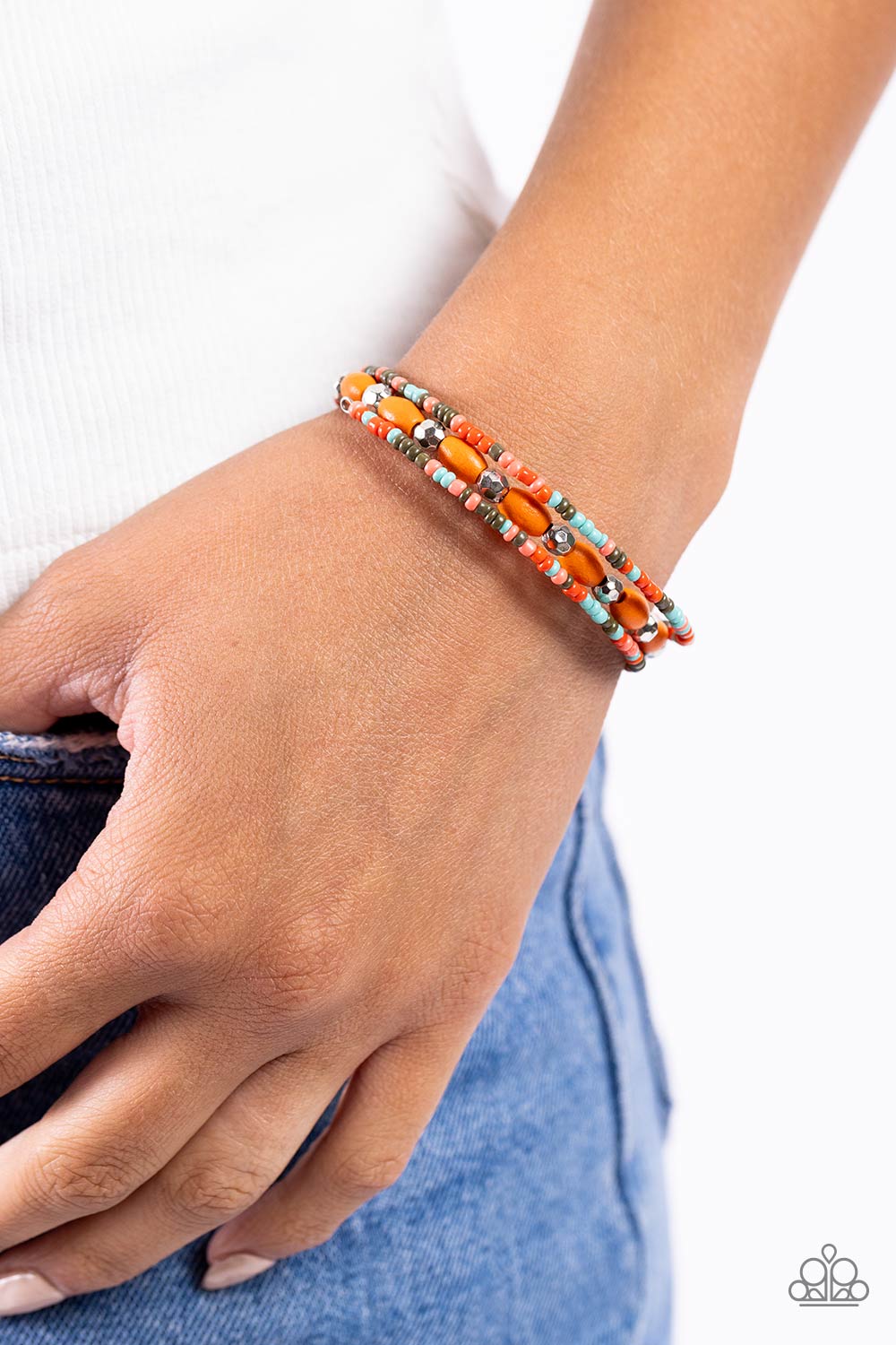 For WOOD Measure - Orange Wood Beads/Silver Beads/Multicolored Seed Beads Paparazzi Coil Bracelet