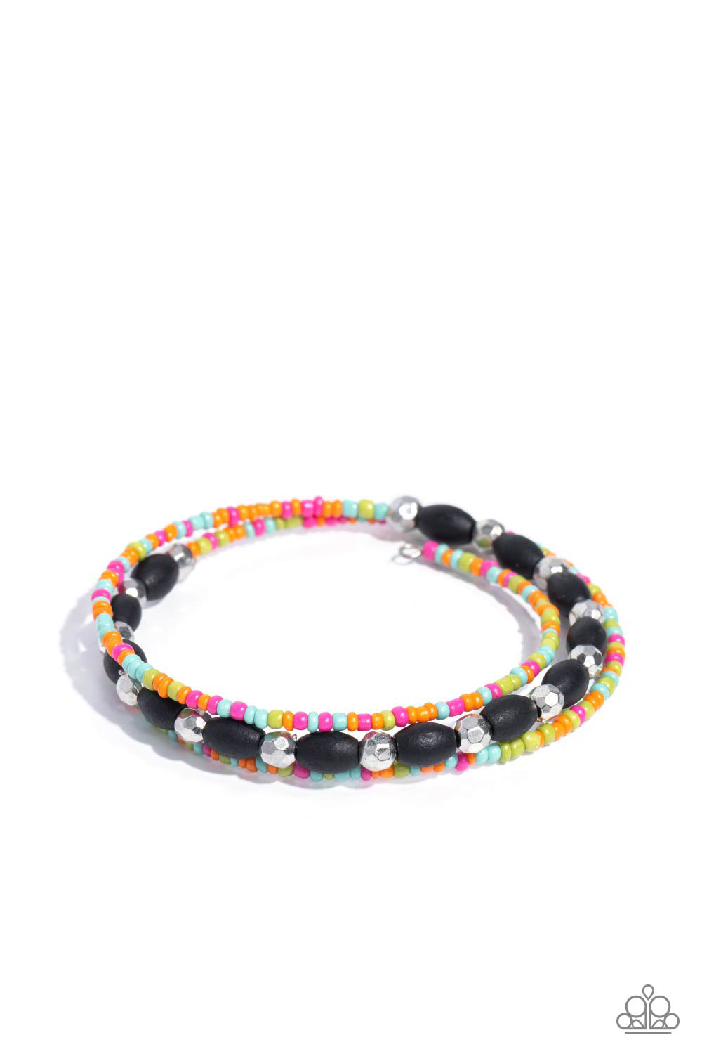 For WOOD Measure - Black Wood Beads/Pink, Orange, Green, & Blue Seed Bead Paparazzi Coil Bracelet