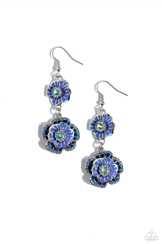 Intricate Impression - Blue Iridescent Gem Centers/Blue Flower Paparazzi Earrings