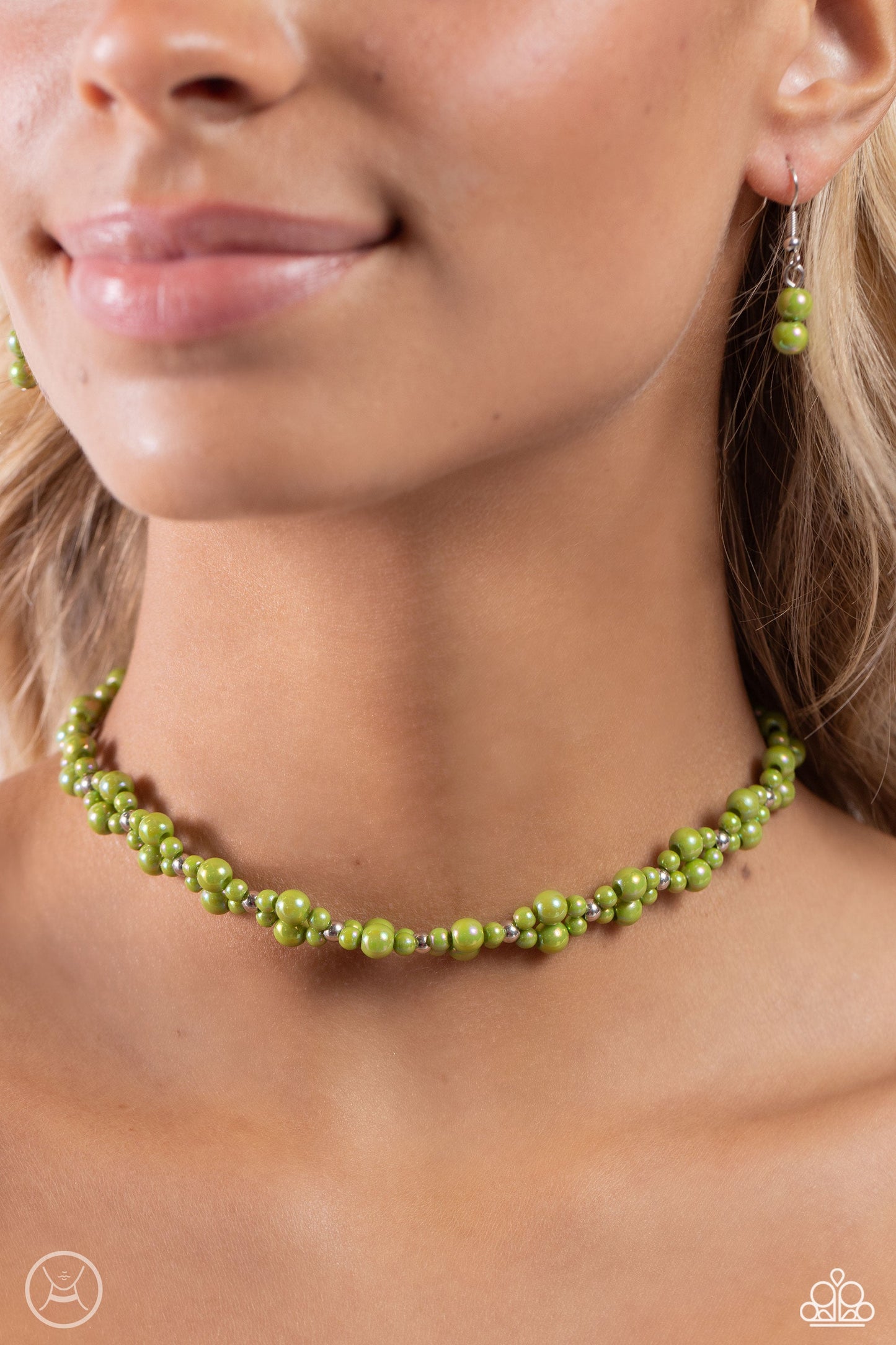 Dreamy Duchess - Green Iridescent Pearl Clusters Paparazzi Choker Necklace & matching earrings