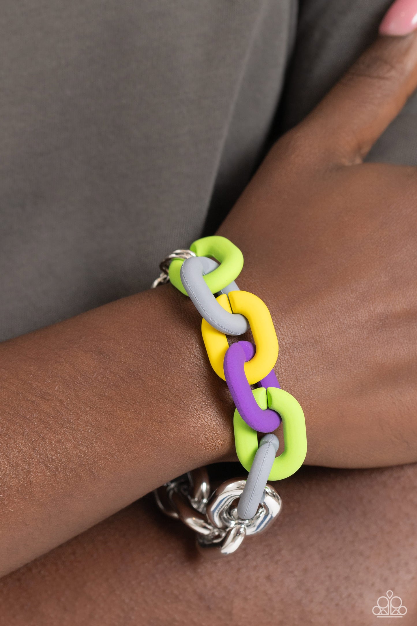 Candid Contrast - Silver, Purple, Green, & Yellow Curb Chain Paparazzi Adjustable Bracelet