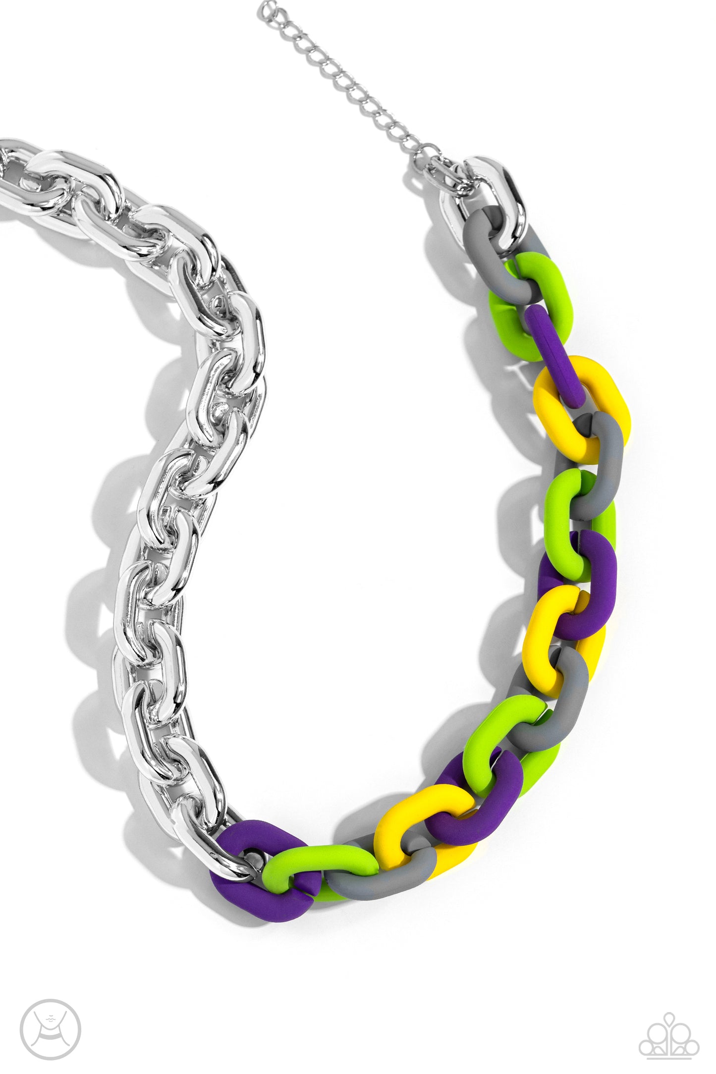 Contrasting Couture - Silver/Purple/Yellow/Green Curb Chain Paparazzi Choker Necklace & matching earrings