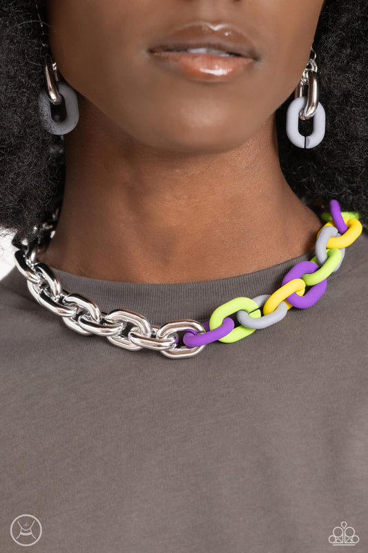 Contrasting Couture - Silver/Purple/Yellow/Green Curb Chain Paparazzi Choker Necklace & matching earrings