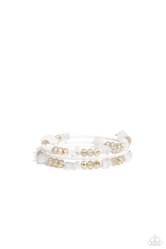 Notoriously Nuanced - White Pearl Seed Beads, Champagne Beads, & White Natural Stone Paparazzi Coil Bracelet