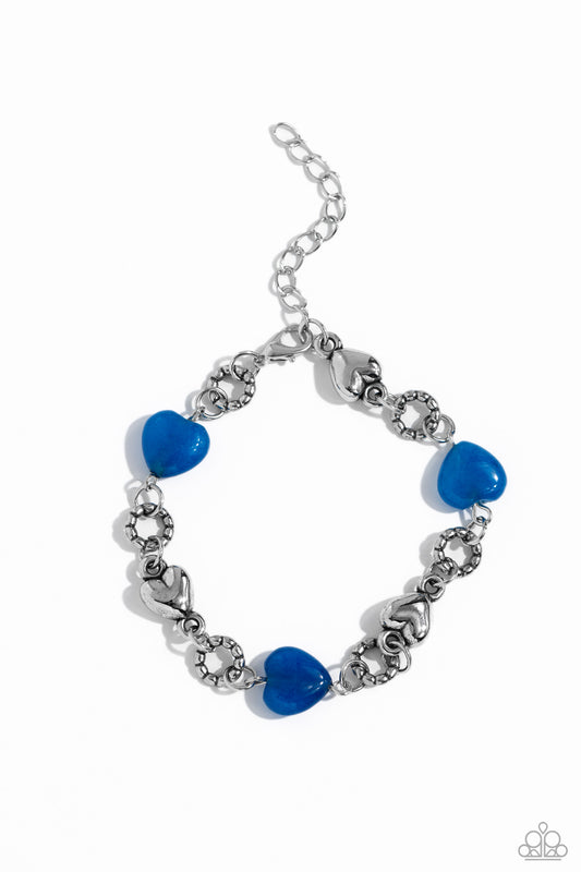 I Can Feel Your Heartbeat - Blue Stones & Silver Hearts Paparazzi Adjustable Bracelet