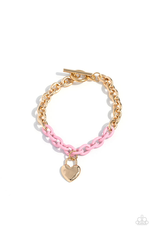 Locked and Loved - Pink & Gold Chain/Gold Lock Pendant Paparazzi Toggle Bracelet