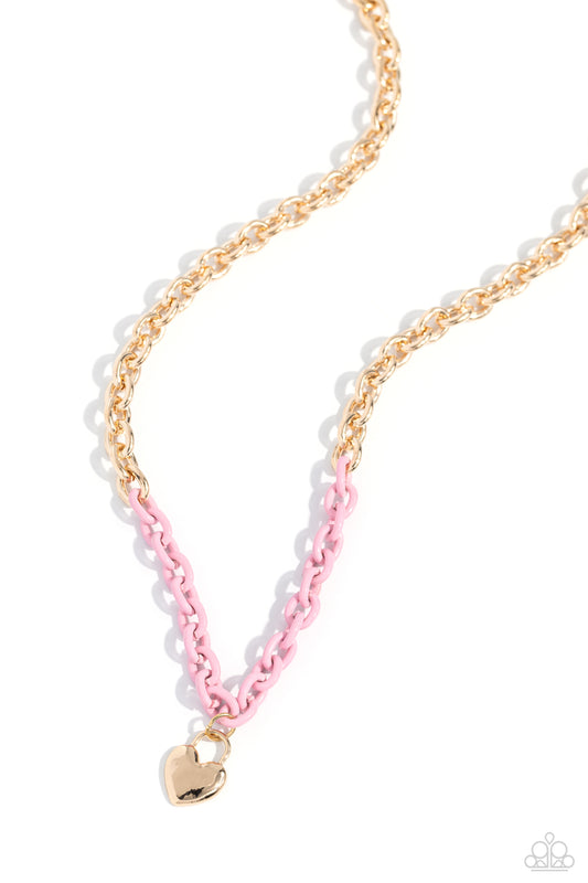 Locked Down - Pink/Gold Chain & Gold Lock Pendant Paparazzi Necklace