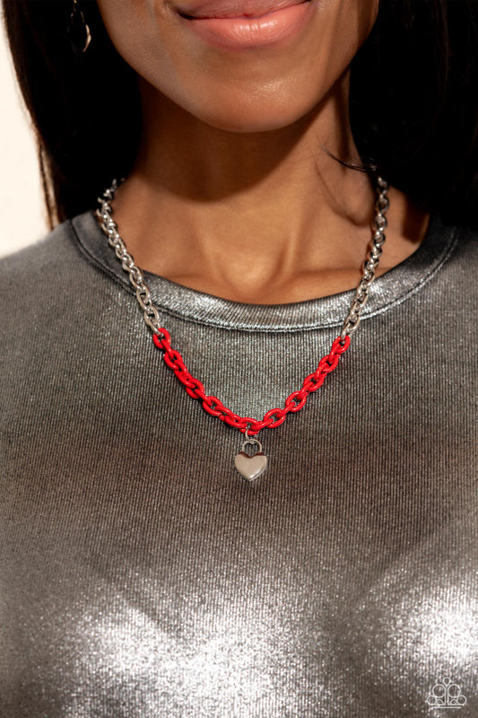 Locked Down - Red/Silver Chain/Hammered Lock Pendant Paparazzi Necklace & matching earrings