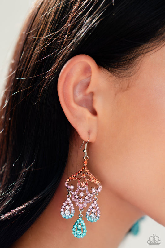 Chandelier Command - Multi Orange to Pink Ombre Rhinestone Paparazzi Earrings