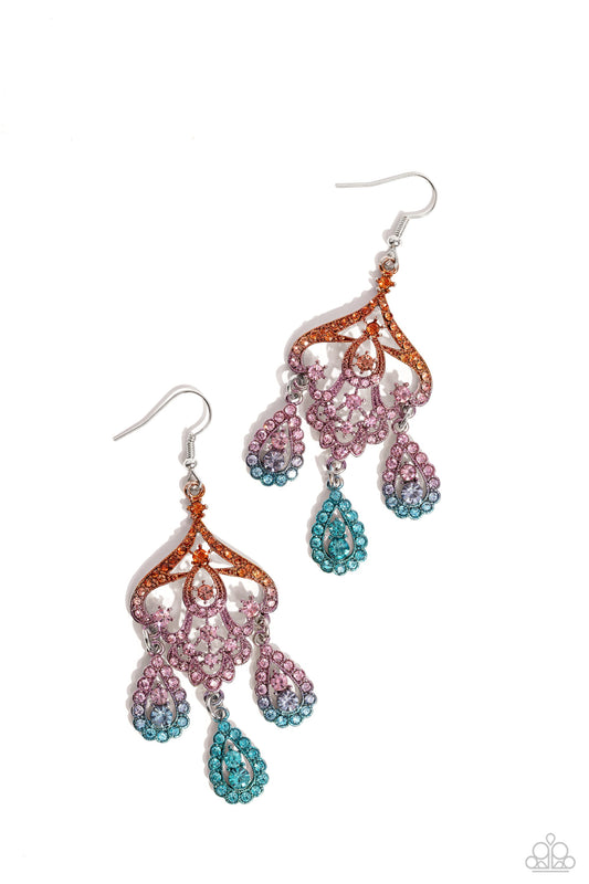 Chandelier Command - Multi Orange to Pink Ombre Rhinestone Paparazzi Earrings