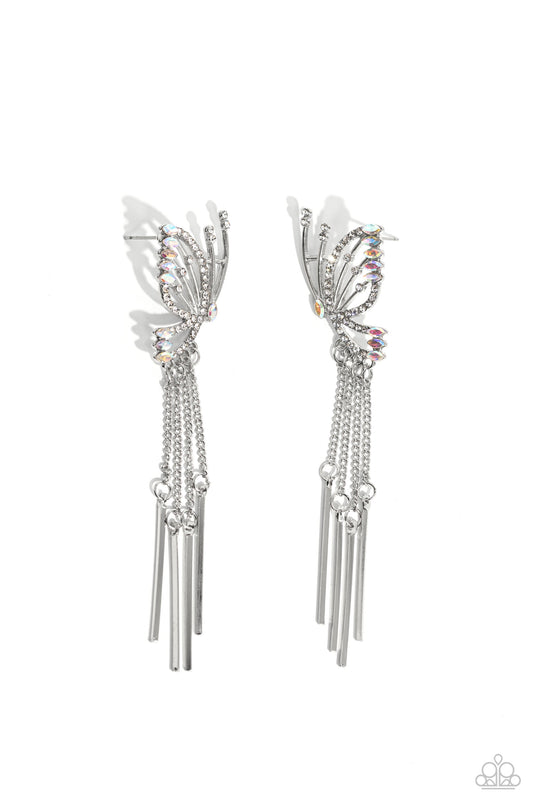 A Few Of My Favorite WINGS - White Rhinestones/Airy Silver Butterfly Paparazzi Earrings