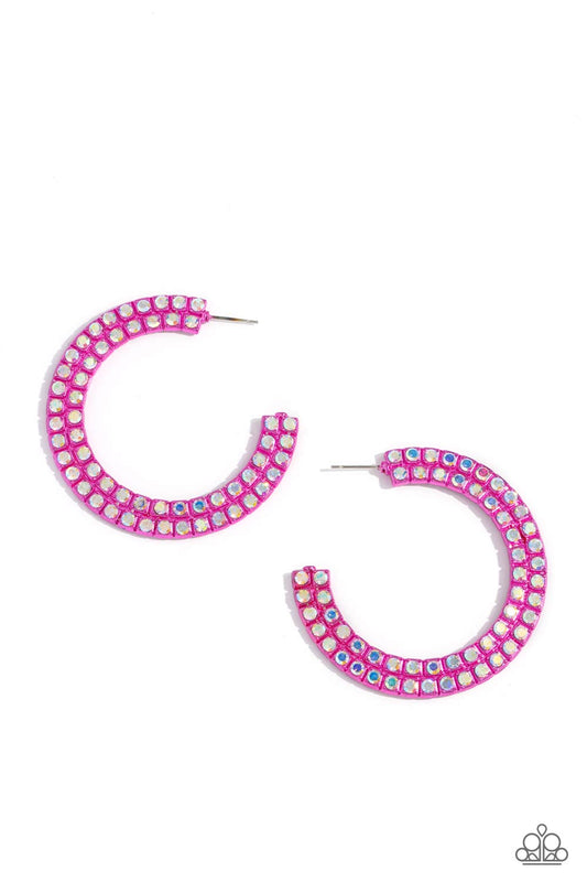 Flawless Fashion - Pink Oversized Metallic Hoop/Iridescent Rhinestones Paparazzi Earrings