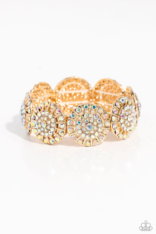 Executive Elegance - Multi Iridescent Rhinestones/Concave Gold Discs Paparazzi Stretch Bracelet