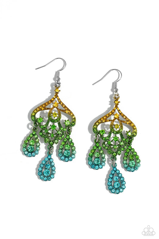 Chandelier Command - Multi Yellow to Blue Ombre Rhinestones Paparazzi Earrings