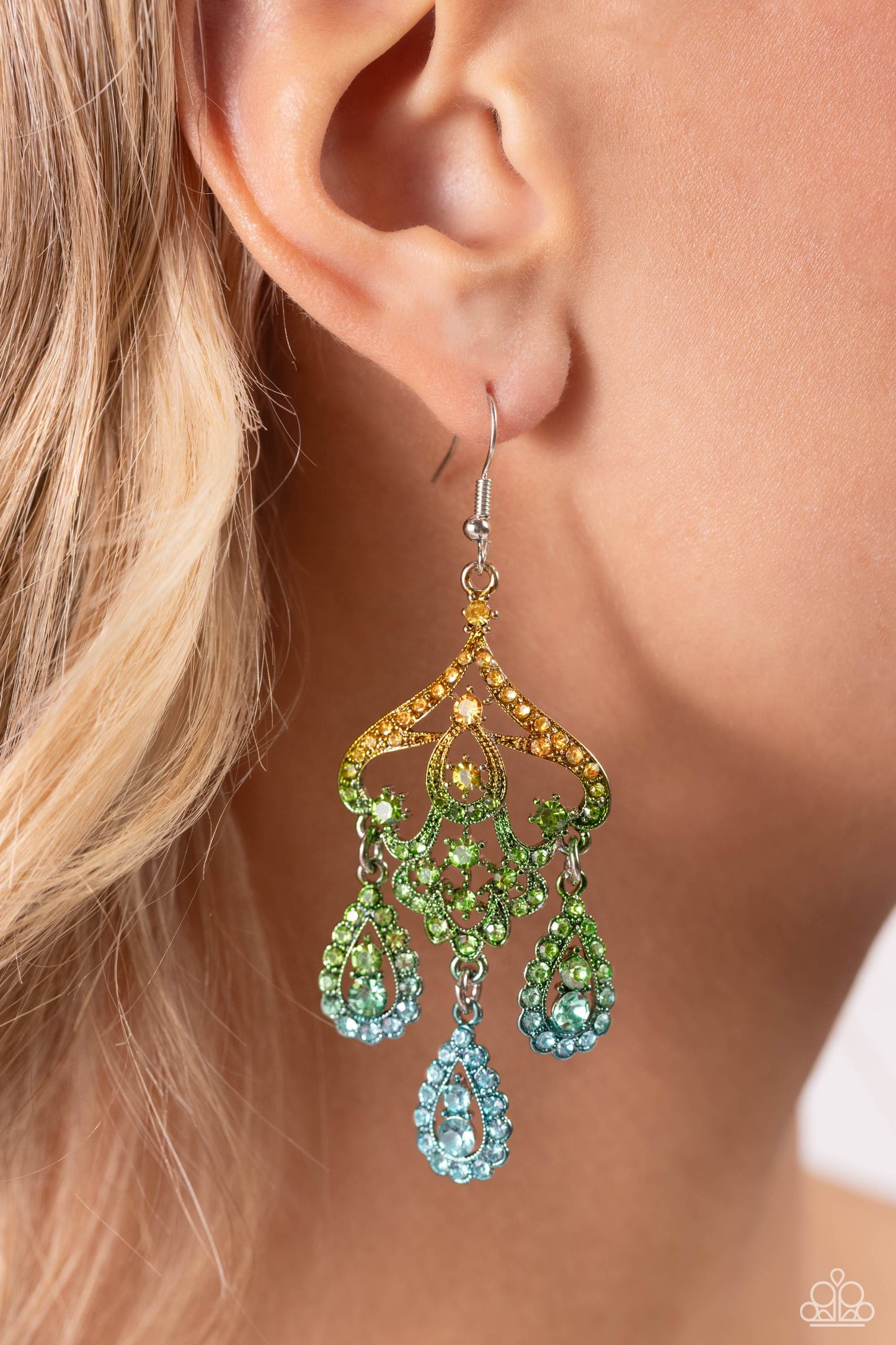 Chandelier Command - Multi Yellow to Blue Ombre Rhinestones Paparazzi Earrings