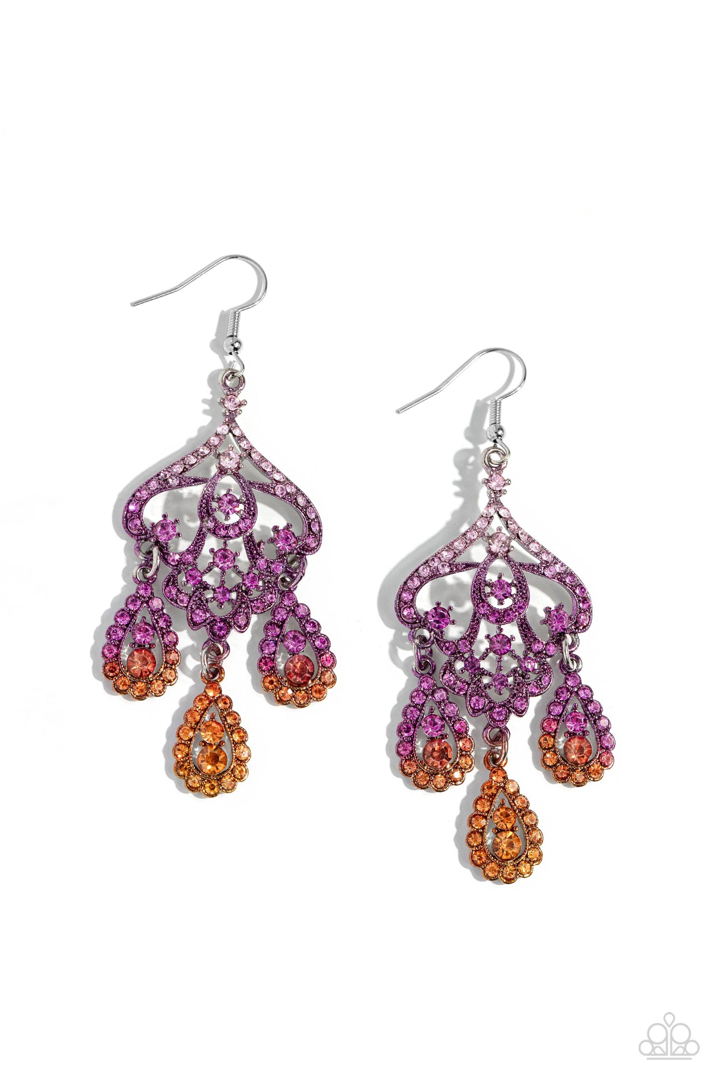 Chandelier Command - Multi Pink, Purple, & Orange Ombre Rhinestone Paparazzi Earrings