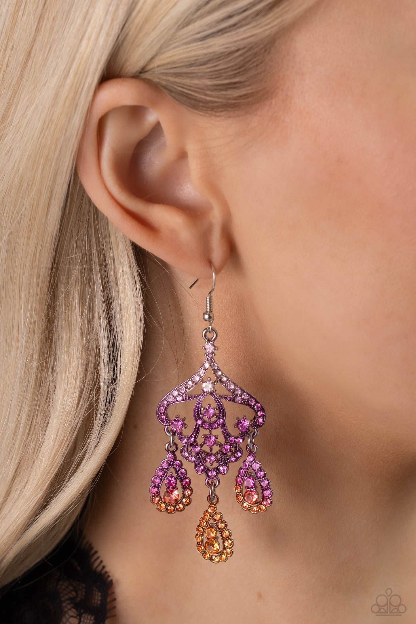 Chandelier Command - Multi Pink, Purple, & Orange Ombre Rhinestone Paparazzi Earrings