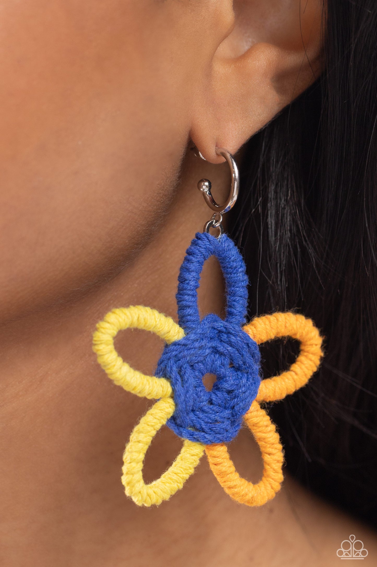 Spin a Yarn - Orange, Yellow, & Blue Yarn Flower Paparazzi Earrings