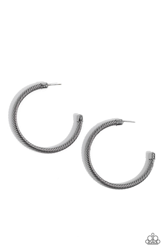 Roped in Radiance - Gunmetal Oversized Twisted Rope Paparazzi Hoop Earrings