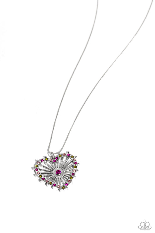 Flirting Ferris Wheel - Pink/Green Rhinestone Heart Pendant Paparazzi Necklace & matching earrings
