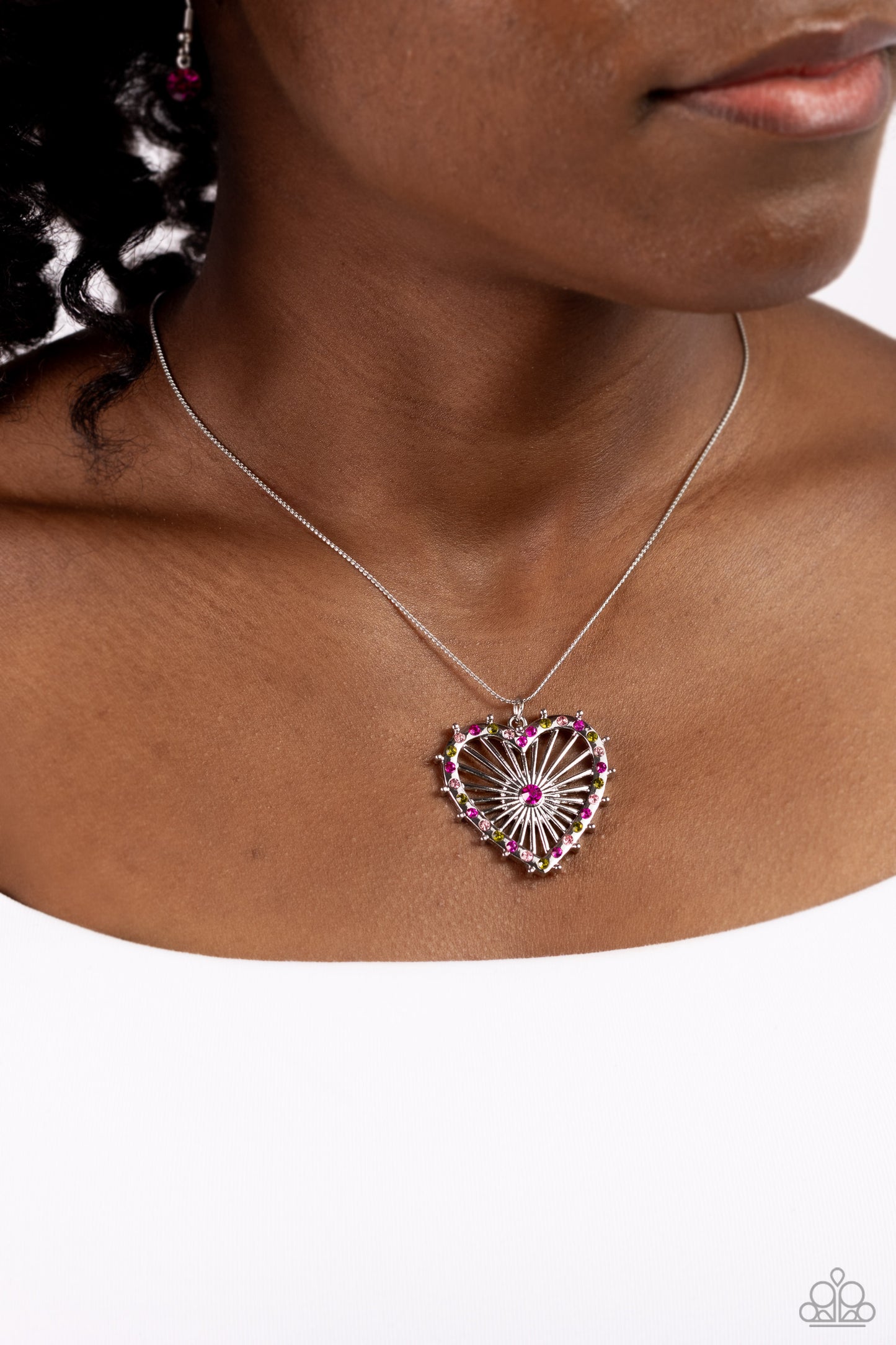 Flirting Ferris Wheel - Pink/Green Rhinestone Heart Pendant Paparazzi Necklace & matching earrings